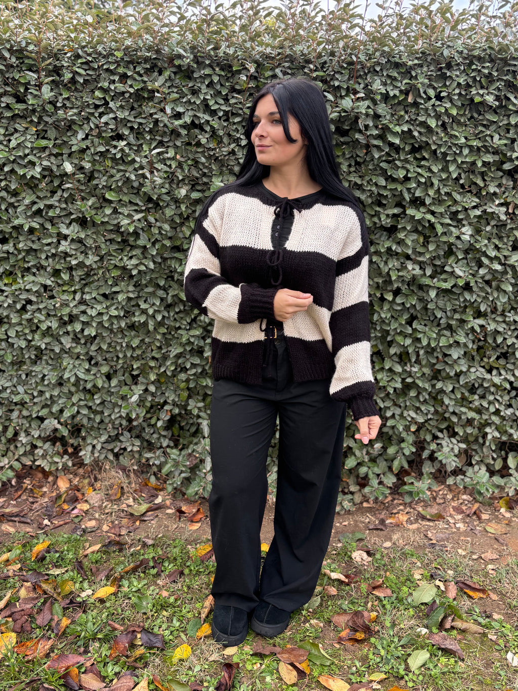 Gilet Alba – rayé noir & écru (Taille unique)