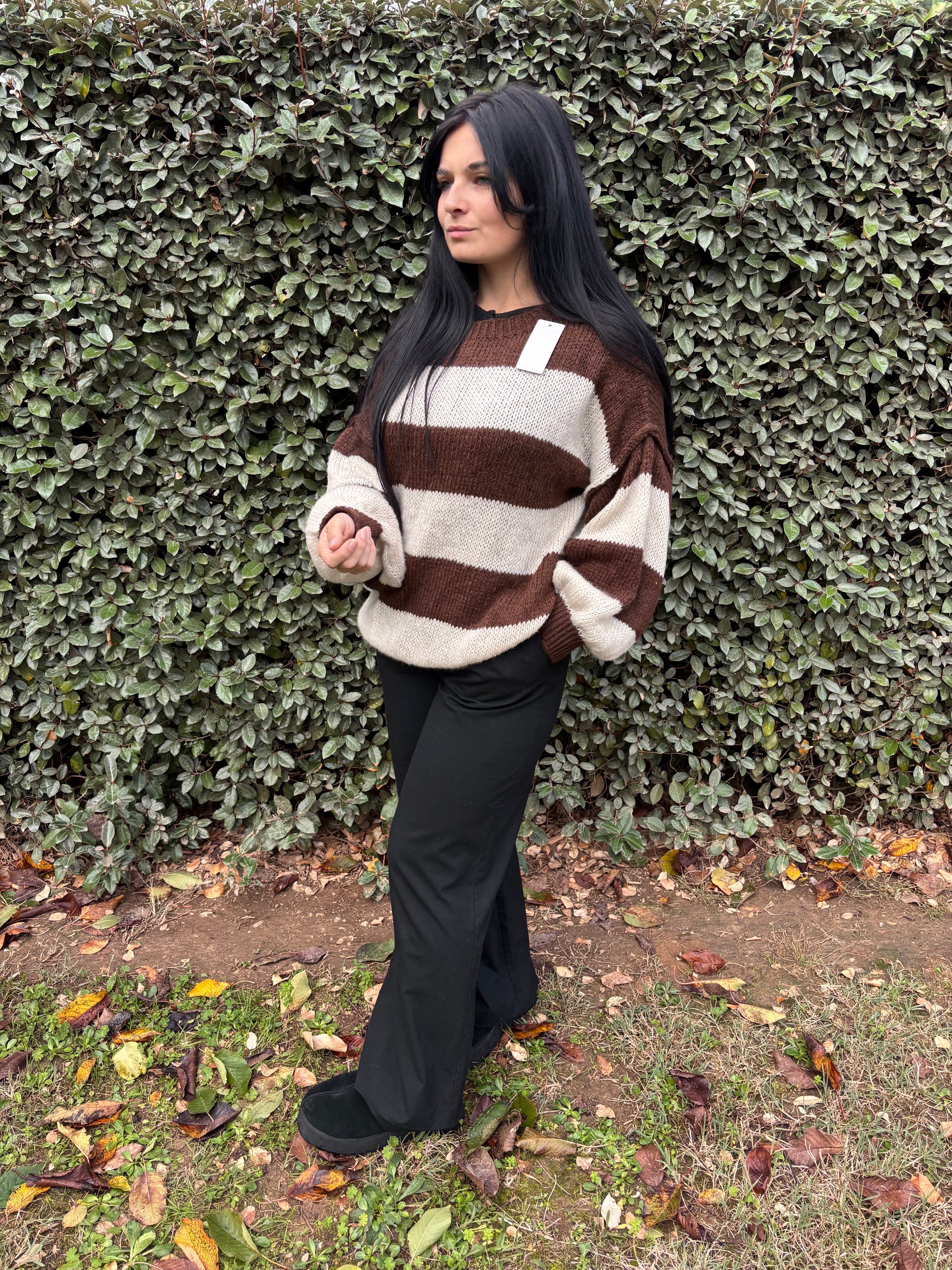 Pull Chloé – rayures chocolat & beige (Taille unique)