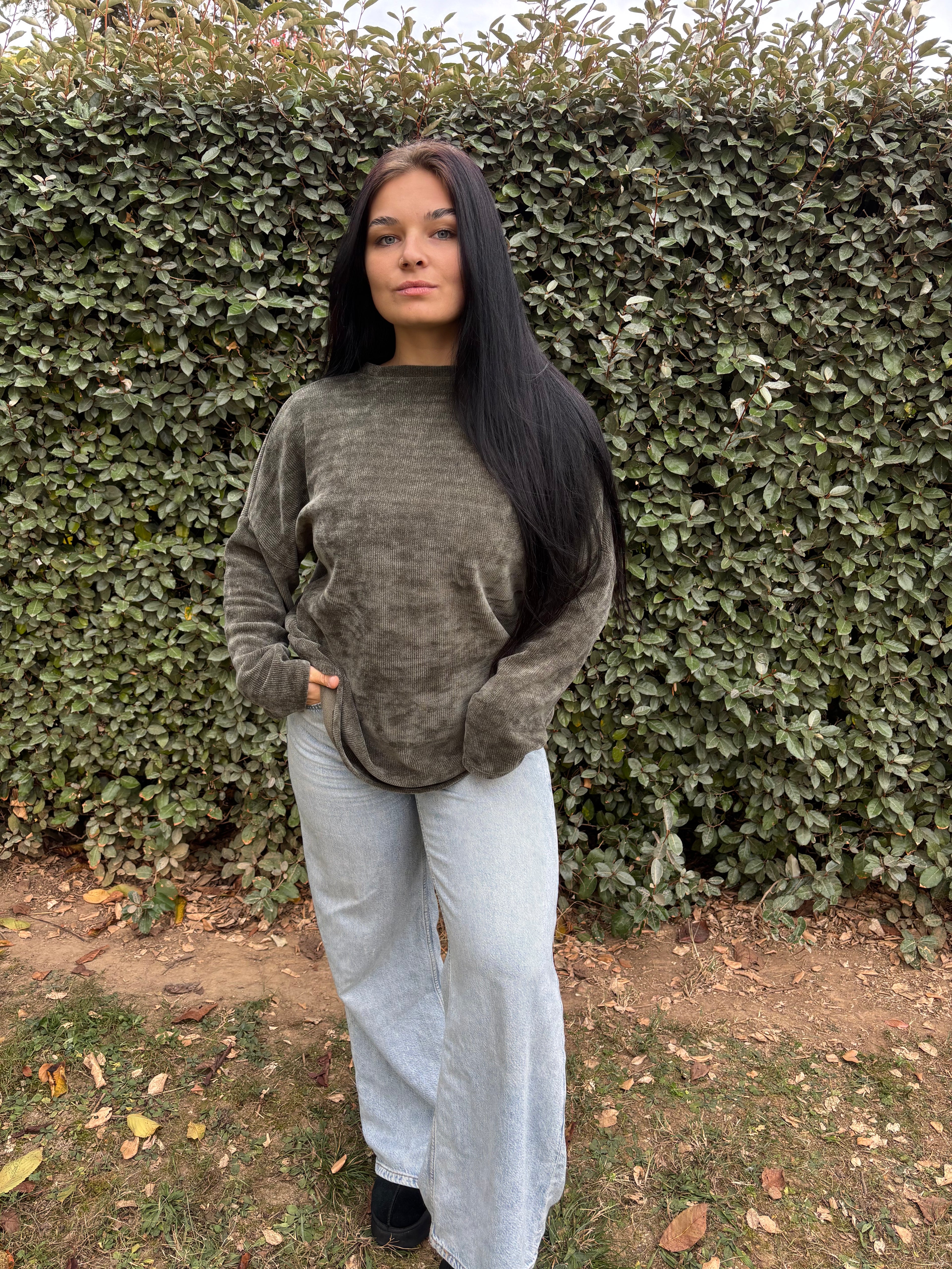 Pull Ivy – effet velours (Kaki, Taille unique)